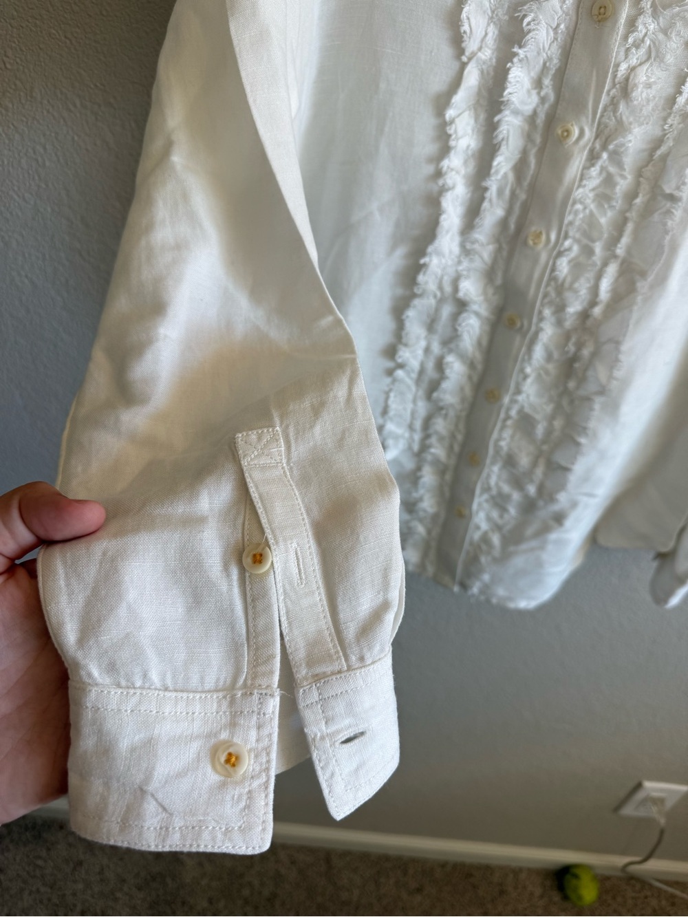 Pilcro Anthropologie White Tuxedo Button Down Shirt Ruffles Linen Blend Small - Picture 5 of 9
